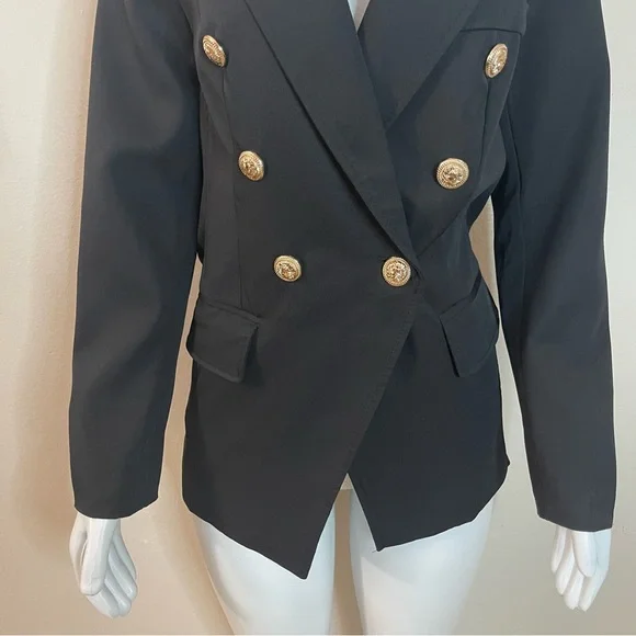 Black lapel collar women's blazer with metal buttons decor - Picture 4 of 11